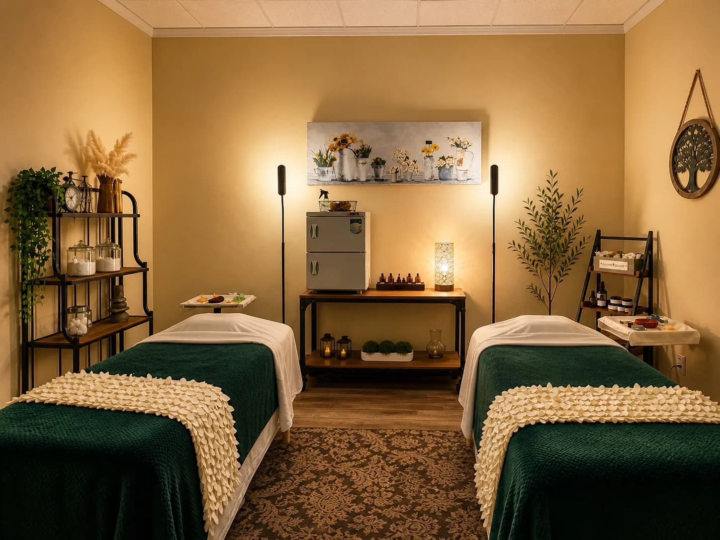 Warm, candlelit couples treatment room at Spa O2